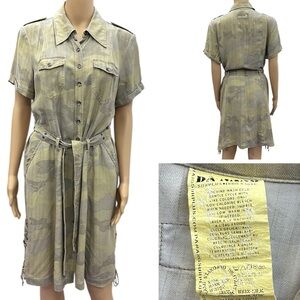Da Nang Silk Short Sleeve Button Up Camo Utility Pockets Tie Belt Shirt Dress M